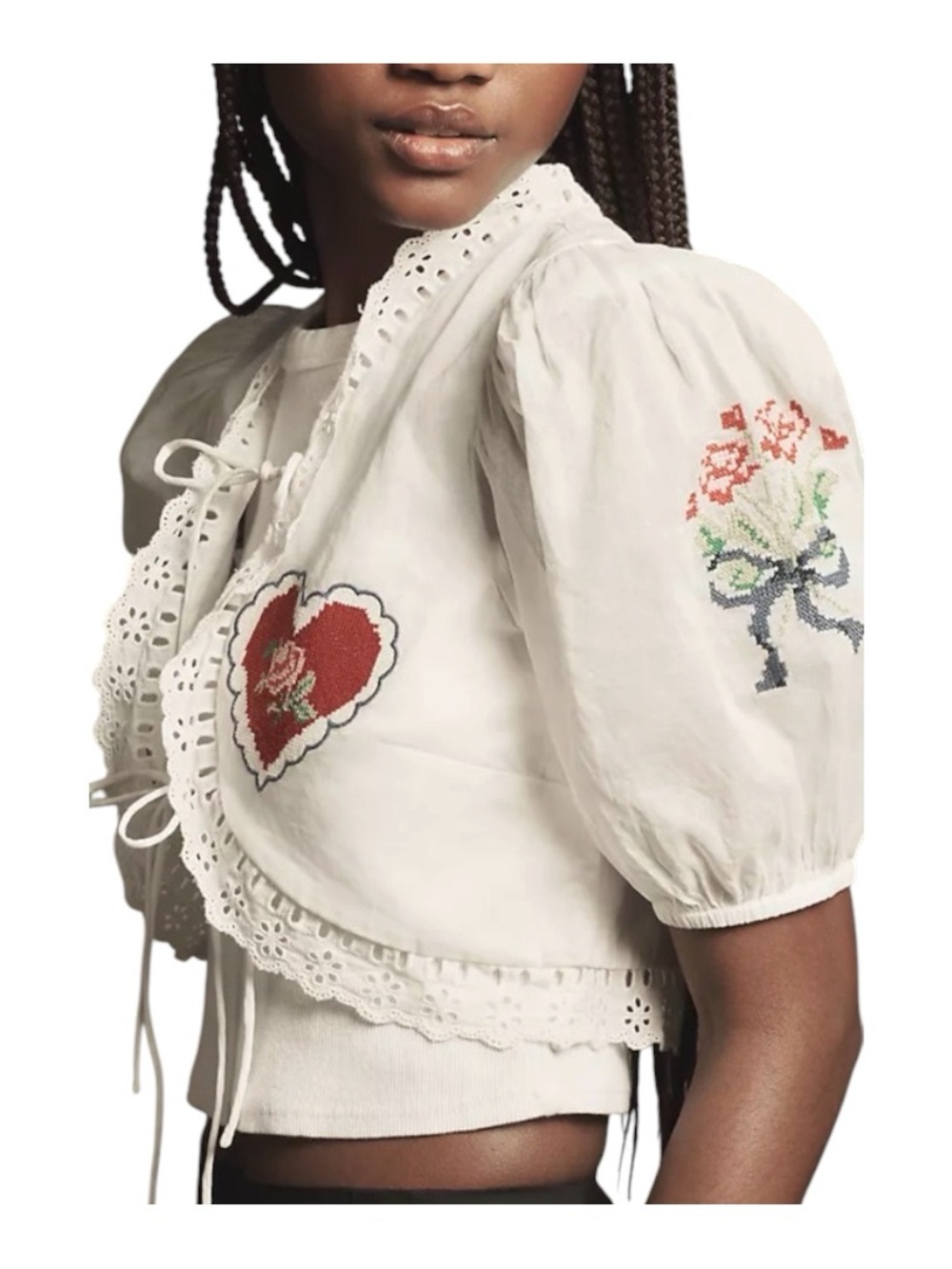 NEW For Love And Lemons White Blouse with Red Heart Embroidery